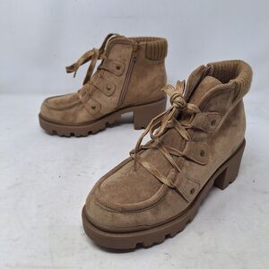 Eva & Zoe Brooks Taupe Faux Suede Combat Ankle Boots Block Heel Academia Size 7